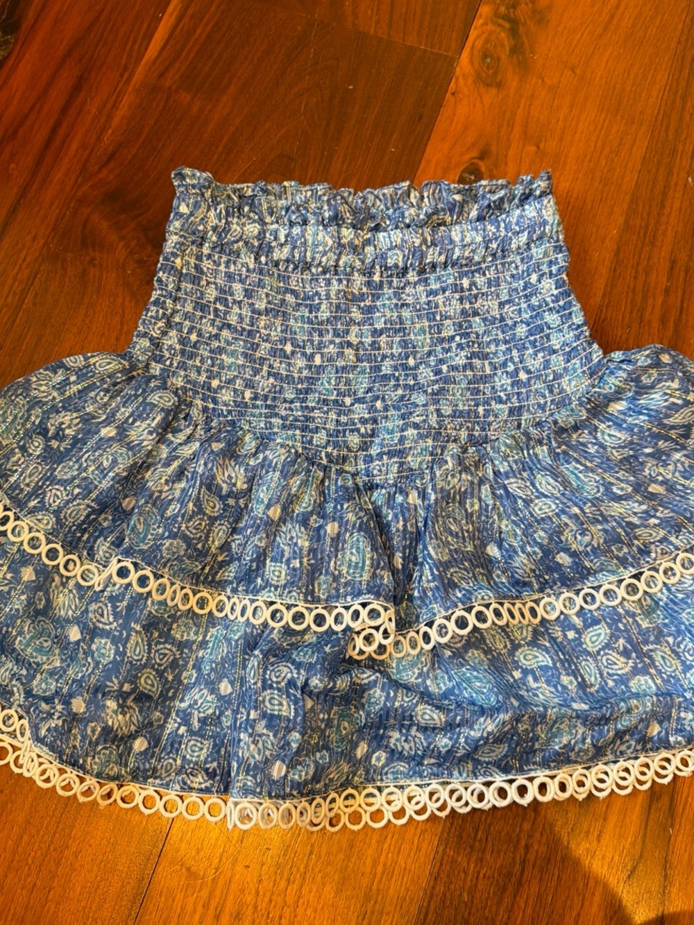 HEMANT & NANDITA Blue Paisley Smocked Mini Skirt with Cream Trim